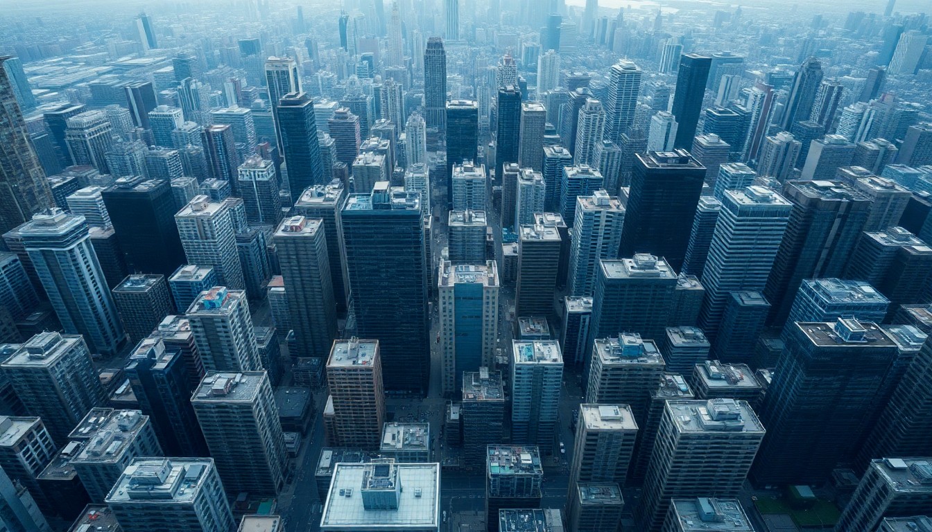 An extreme aerial view of a densely packed city skyline, with repeating high-rise buildings and infrastructure in muted tones, conveying a sense of economic stagnation and urban density.