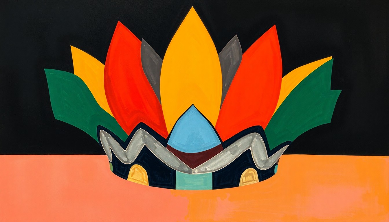 An abstract, fractured painting in bold, contrasting colors depicting a crown-like shape, representing the visual language of protest movements.