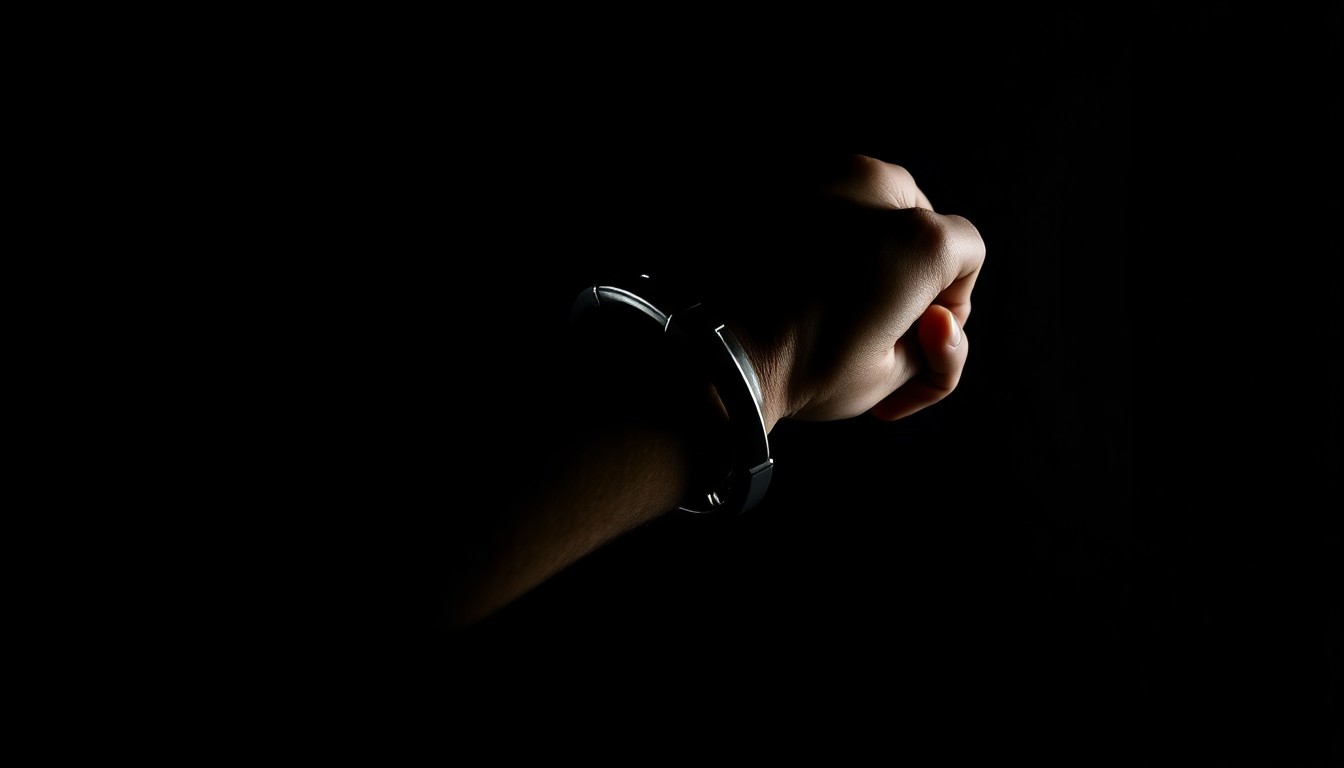 An extreme close-up photograph of a handcuffed wrist against a pitch-black background, lit by a harsh, direct camera flash, conceptually illustrating the tensions surrounding the release of violent offenders.