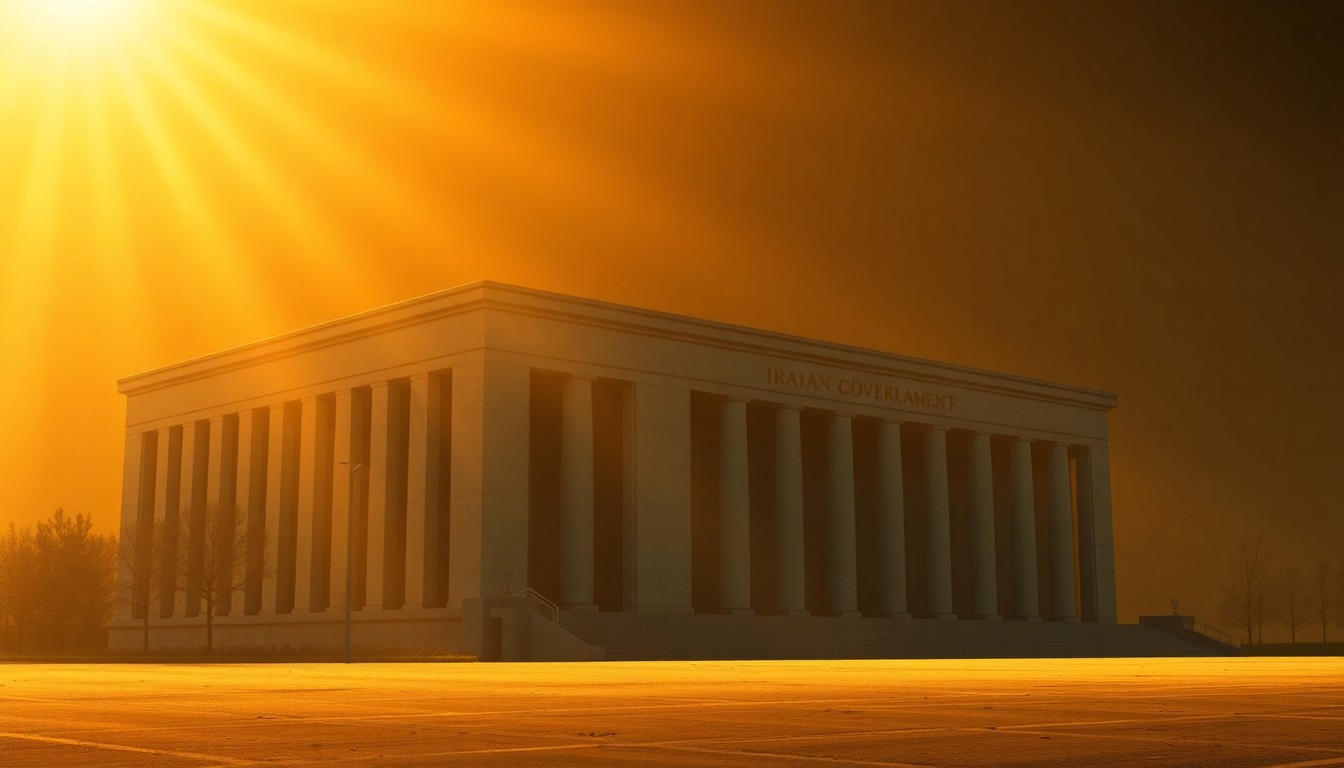 A dimly lit, cinematic painting of an Iranian government building, with warm sunlight casting dramatic shadows across the facade, conveying a mood of political tension and uncertainty.