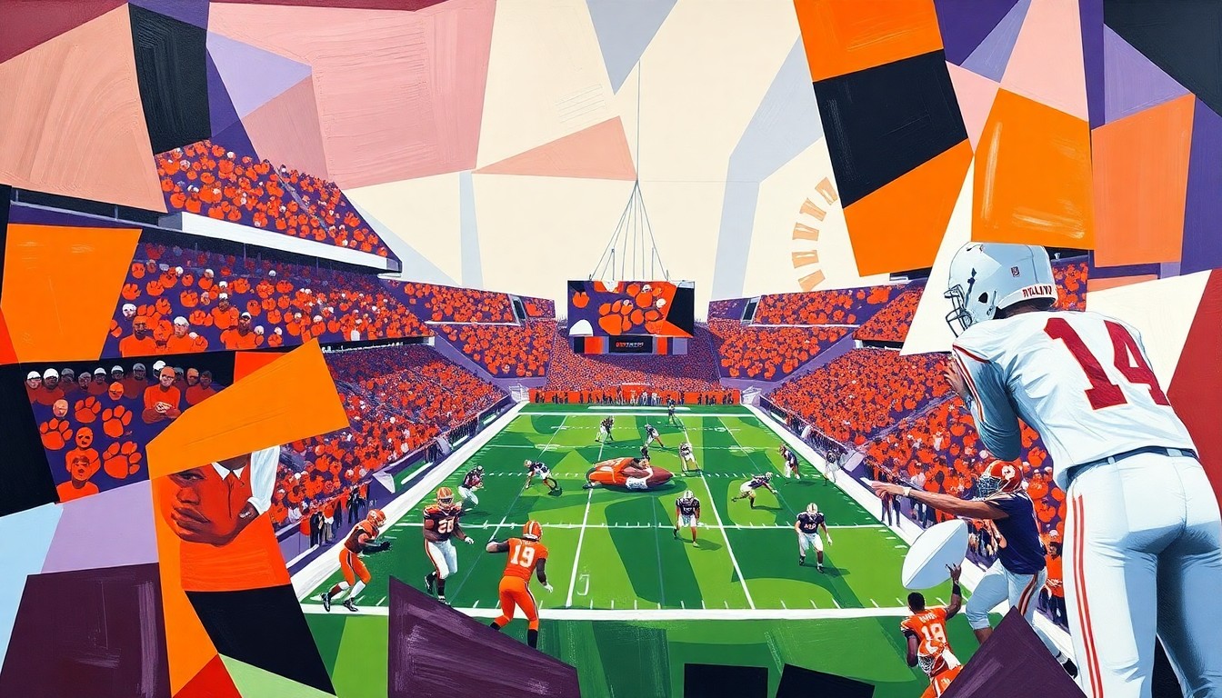 A cubist, geometric painting in vibrant orange, purple, and white colors, depicting a Clemson football game broken down into sharp, overlapping planes, capturing the energy and excitement of the spring game.