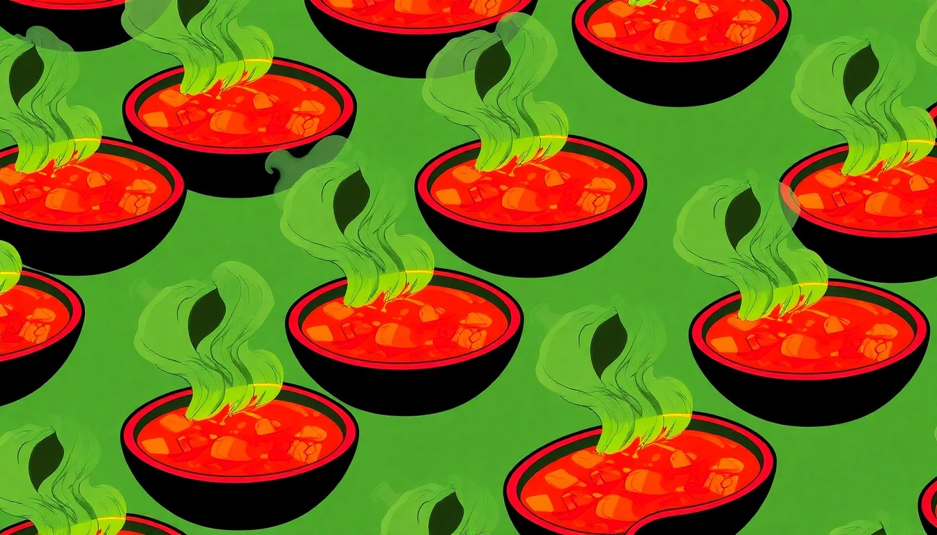 A highly stylized, silkscreen-inspired illustration featuring a repeating grid of a steaming bowl of gumbo, rendered in a palette of neon greens, oranges, and blues with heavy black outlines, capturing the vibrant energy of New Orleans culinary culture.