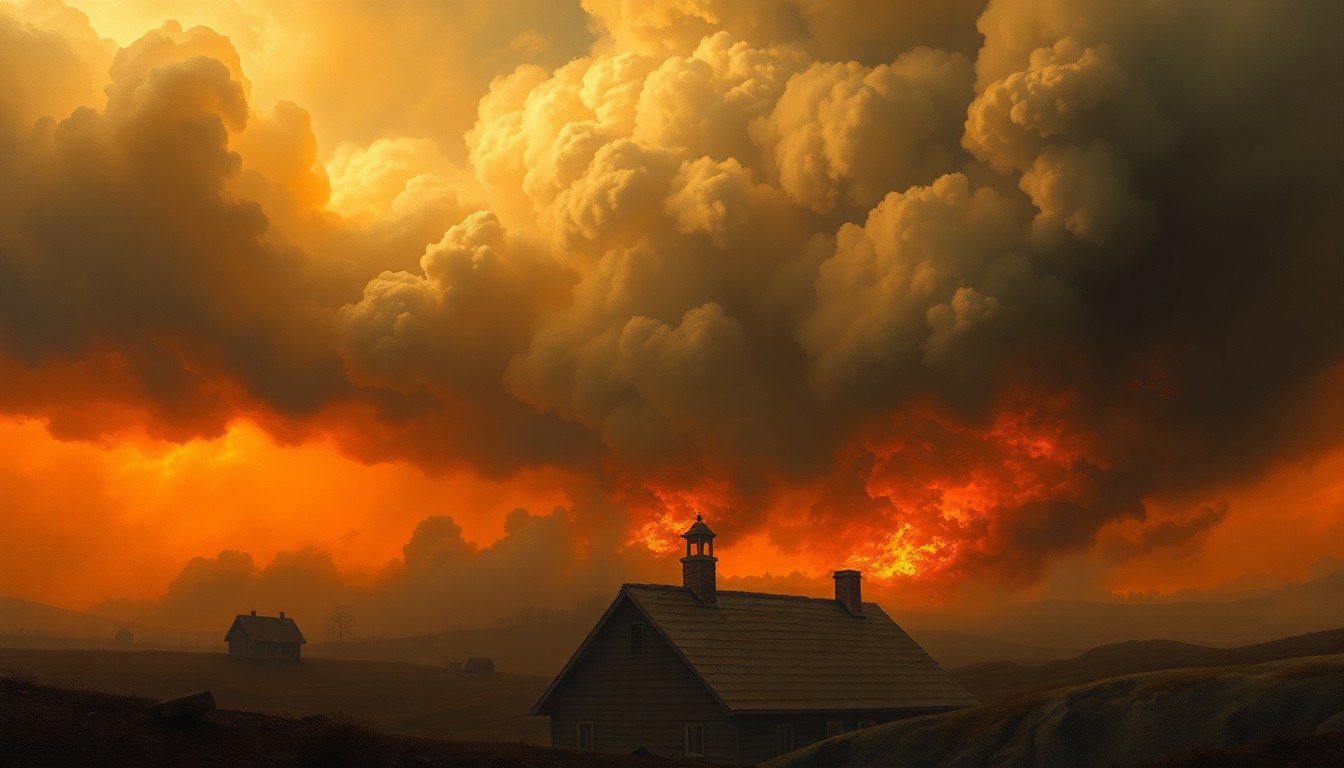 A vast, atmospheric landscape painting depicting a small house in the distance being consumed by a raging fire, with billowing smoke obscuring the details and dwarfing the structure, conveying the overwhelming power of the natural disaster.