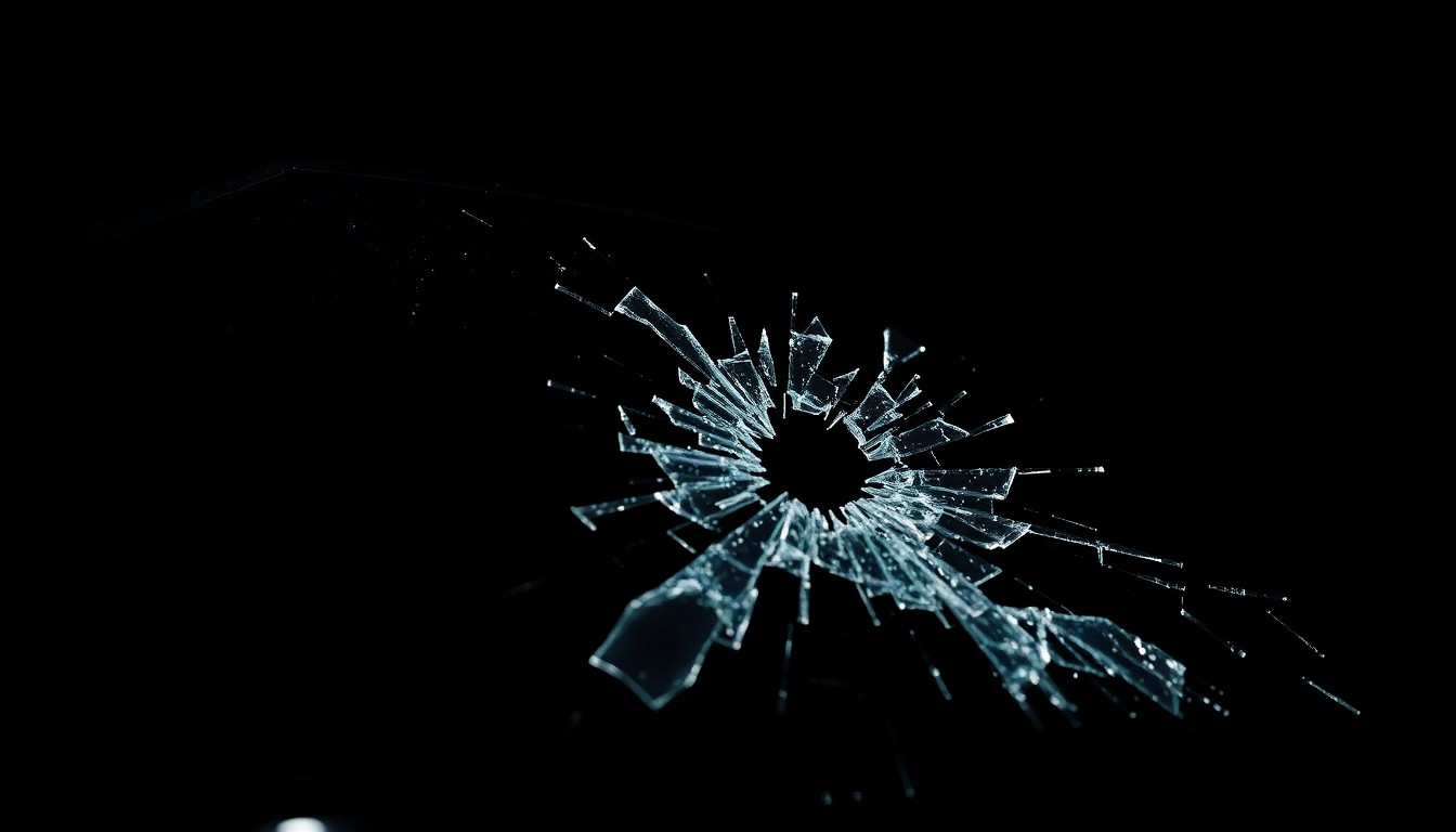 An extreme close-up photograph of a shattered car windshield against a pitch-black background, the jagged, splintered glass conceptually representing the violence and tragedy of this crime.