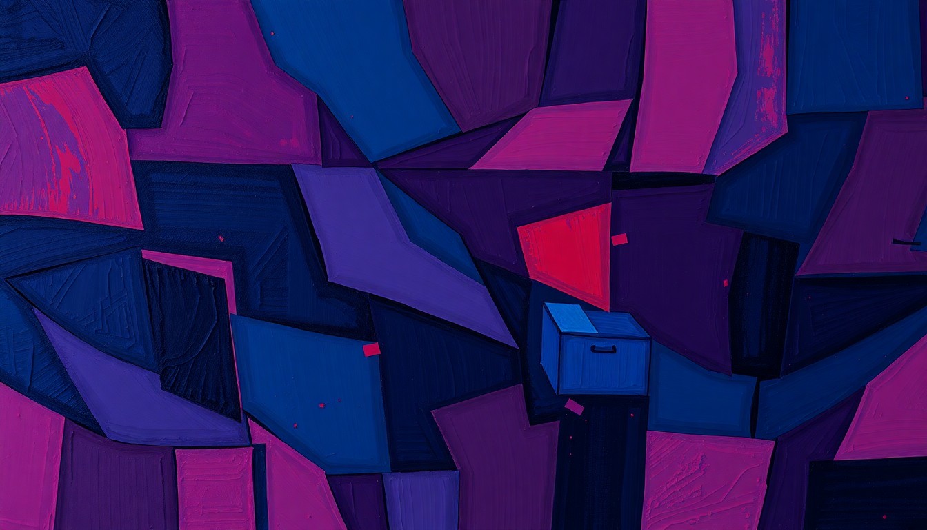 A conceptual editorial illustration in the style of Giacomo Balla's fractured, geometric paintings, depicting a ballot box or voting booth in overlapping waves of dark blue, purple, and red, conveying the chaotic and contested nature of election laws in Kansas.