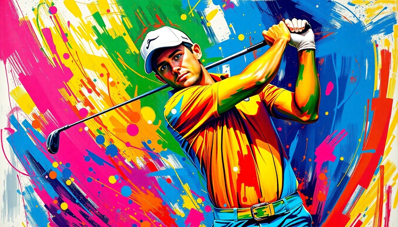 An abstract expressionist painting in neon colors depicting the powerful, dynamic motion of a professional golfer's swing, with the figure's face and body dissolved into energetic brushstrokes.