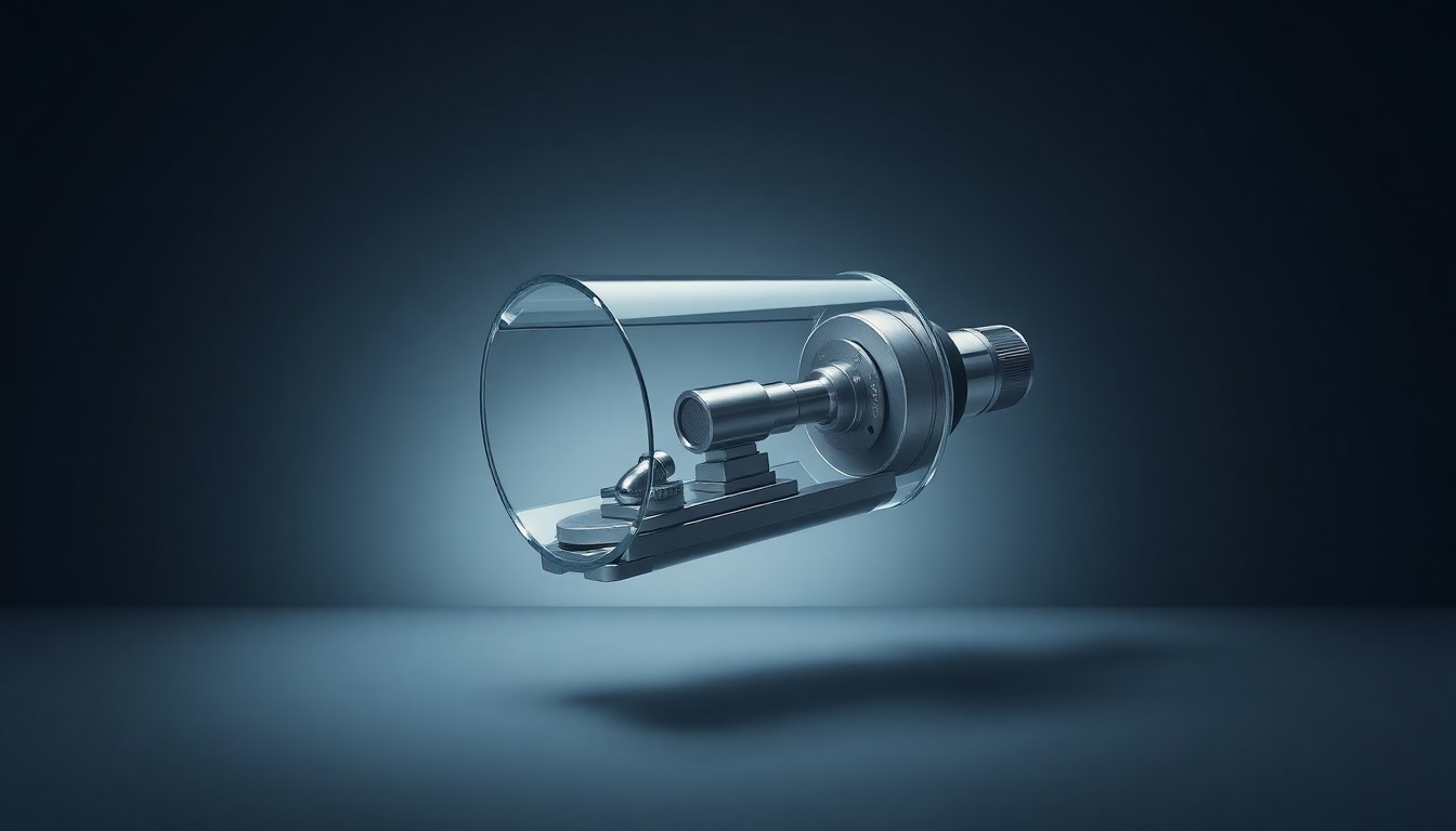 A photorealistic studio still-life image of a sleek, modern medical device made of polished stainless steel and glass, floating on a clean, monochromatic background with dramatic lighting and deep shadows, conveying a sense of precision and innovation in the MedTech industry.