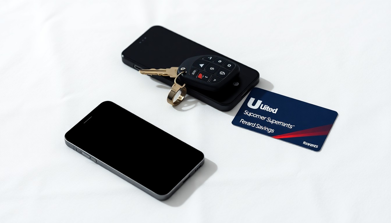 A minimalist studio still life photograph featuring a smartphone, car keys, and a United Supermarkets rewards card arranged on a clean, white background, conceptually representing the convenience and savings of the grocery chain's digital tools.