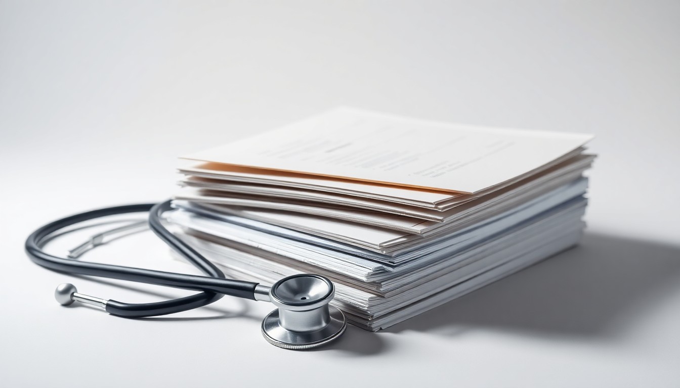 A photorealistic studio still life featuring a stack of medical files and a stethoscope on a clean white background, conveying the serious nature of medical malpractice litigation.