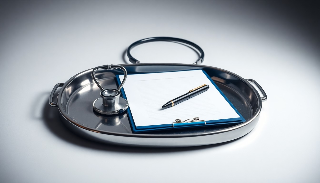 A photorealistic studio still life featuring a polished stainless steel medical tray with a stethoscope, surgical scissors, and a clipboard with a pen, conceptually representing the precision and professionalism of healthcare leadership.