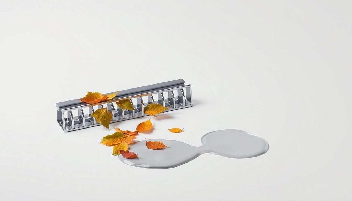 A high-end, photorealistic studio still-life photograph showing a polished metal gutter guard component, a handful of fallen leaves, and a small puddle of water on a clean, monochromatic background, conceptually representing the challenges of debris management and water flow in gutter protection systems.