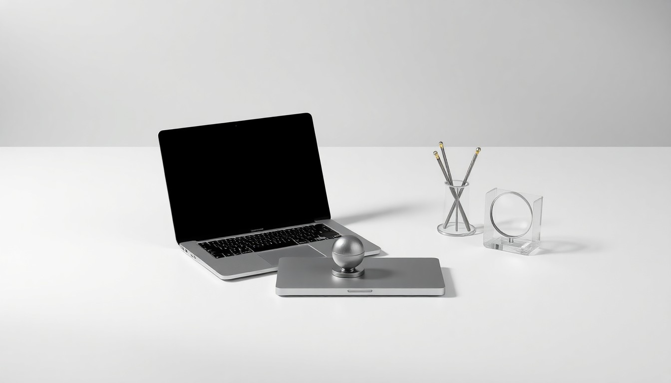 A high-end, photorealistic studio still-life photograph featuring a sleek, modern laptop, a polished metal paperweight, and a minimalist desk organizer, all arranged elegantly on a clean, monochromatic seamless background. The objects convey a sense of precision and professionalism in the realm of corporate strategy and digital authentication.