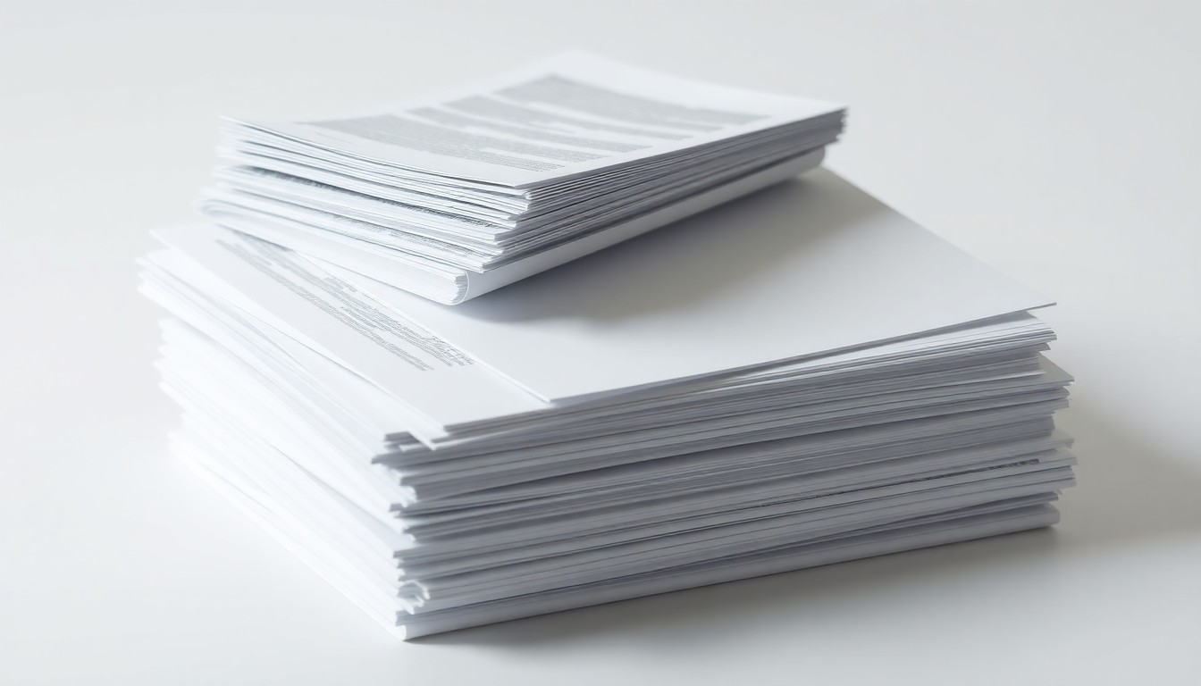 A minimalist, photorealistic studio still life featuring a stack of clean, crisp financial documents in shades of grey, conceptually representing the successful debt settlement by Quince Therapeutics.