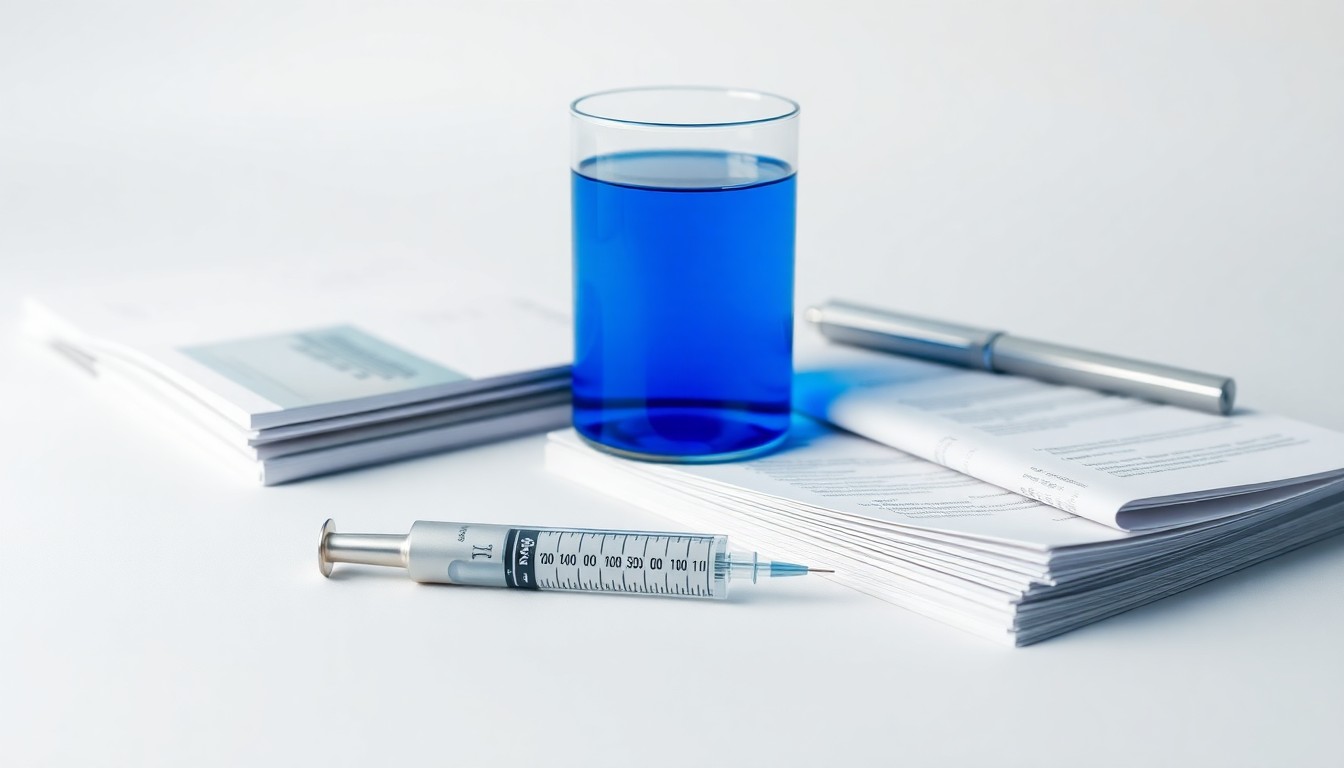 A photorealistic studio still life featuring a glass beaker filled with a glowing blue liquid, a metal syringe, and a stack of financial reports, all arranged elegantly on a clean white background, conceptually representing the intersection of biotech innovation and corporate finance.