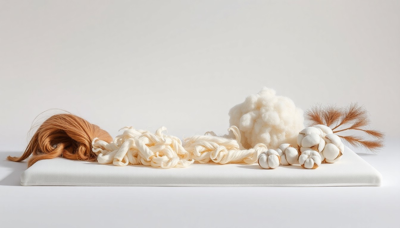 A high-end studio still life photograph featuring a neatly arranged display of luxury natural materials like horsehair, alpaca wool, and cotton, conceptually representing the premium craftsmanship and design of Posh+Lavish's new Curated mattress collection.