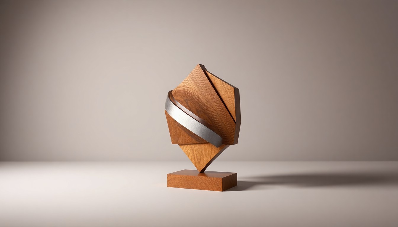 A high-end, photorealistic studio still-life photograph featuring a polished, geometric sculpture made of warm wood and brushed metal, conveying a sense of grounded, premium symbolism through the use of dramatic lighting and a clean, monochromatic background.