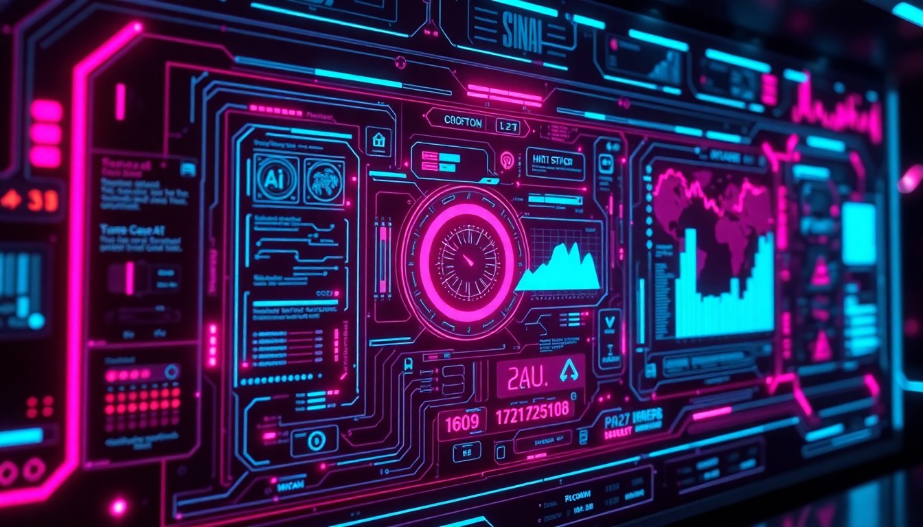 A highly detailed, glowing 3D illustration of a complex, futuristic AI control panel or data visualization interface, with neon cyan and magenta lights illuminating the various digital components, conceptually representing the power and potential risks of AI technology in social media.