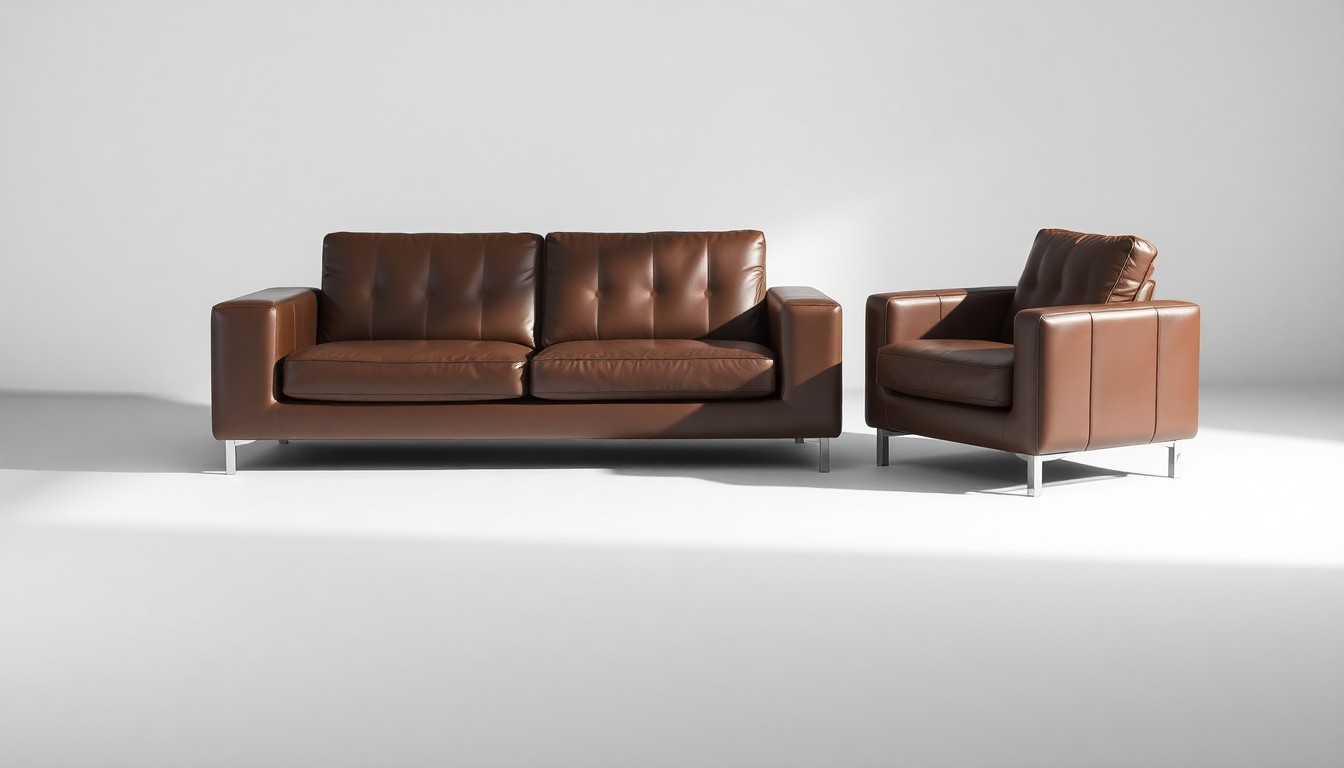 A high-end, photorealistic studio still-life photograph featuring a sleek, modern leather sofa and armchair arranged elegantly on a clean, white background, conceptually representing the corporate risk and strategy behind Jordan's Furniture's NCAA basketball promotion.