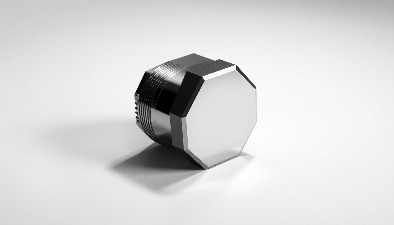 A photorealistic studio still-life photograph featuring a polished, geometric metal object resembling an infrared detector component, elegantly arranged on a clean, monochromatic background and dramatically lit to symbolize the advanced technology behind Vigo Photonics' infrared detection solutions.