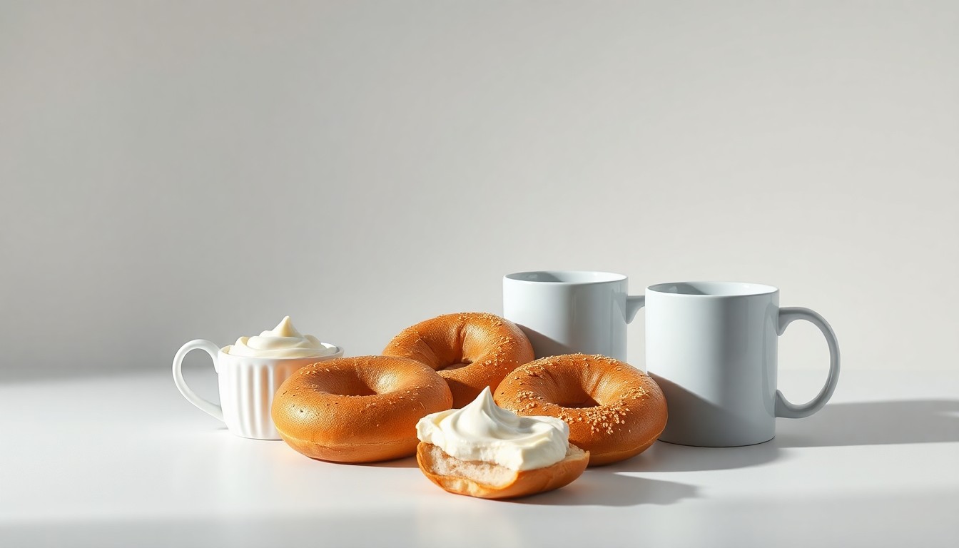 A high-end, photorealistic studio still-life featuring a selection of premium, polished bagels, cream cheese, and coffee mugs arranged elegantly on a clean, monochromatic background, conceptually representing the corporate strategy behind the rebranding of breakfast chains.