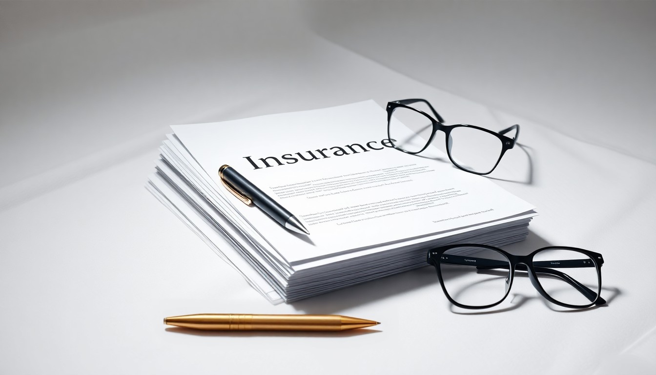 A minimalist, photorealistic studio still life featuring a stack of insurance documents, a pen, and a pair of reading glasses arranged elegantly on a clean, white background, conceptually representing the personalized services and client relationships in the insurance industry.