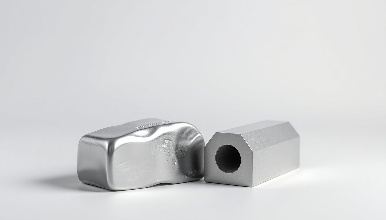 A photorealistic studio still life featuring a polished steel ingot and an aluminum billet arranged elegantly on a clean, monochromatic background, conceptually representing the use of technology to manage industrial supply chains and commodity pricing.