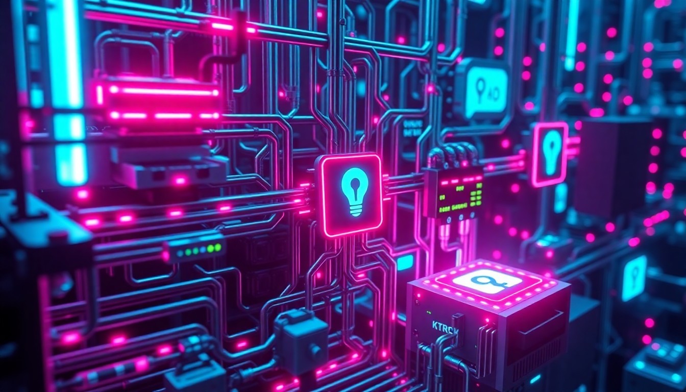 A highly detailed, glowing 3D illustration of a complex cybersecurity infrastructure, with neon cyan and magenta lights illuminating the various components, conceptually representing the advanced technology working to detect and prevent financial fraud.