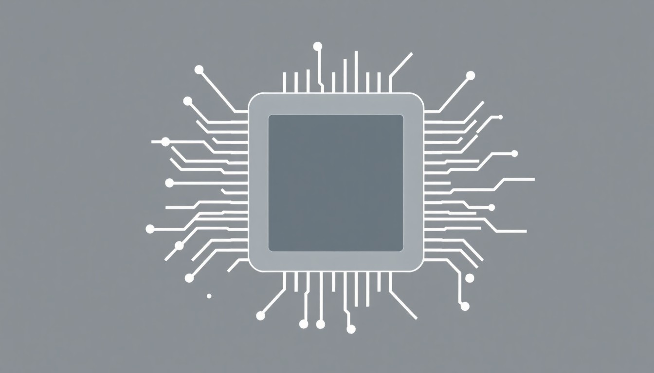 A highly detailed, minimalist illustration of a complex computer chip or circuit board, rendered in a clean, monochromatic palette of greys and whites, conveying the advanced technology and innovation at the heart of Elysian's software solutions.