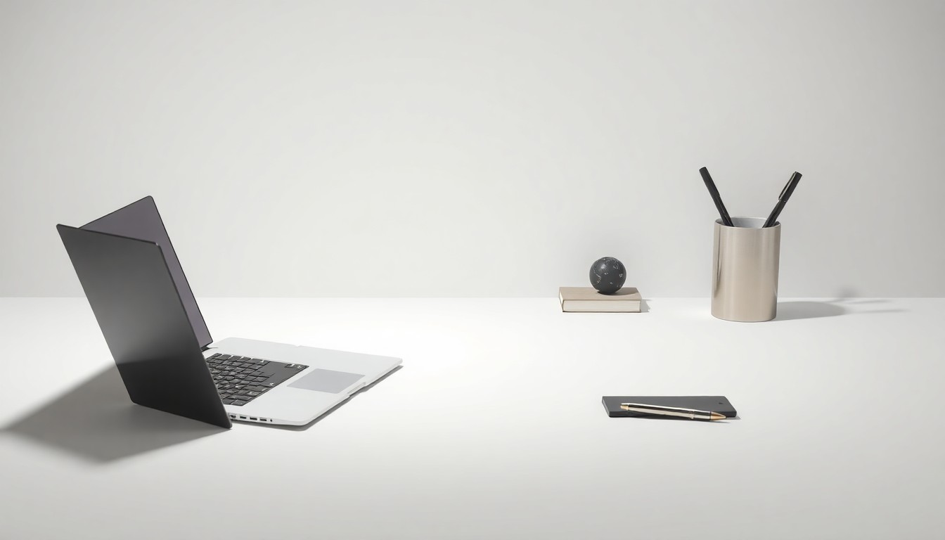 A high-end, photorealistic studio still-life featuring a sleek laptop, metal pen, and minimalist desk organizer, symbolizing the operational efficiency and technological sophistication of the online banking industry.