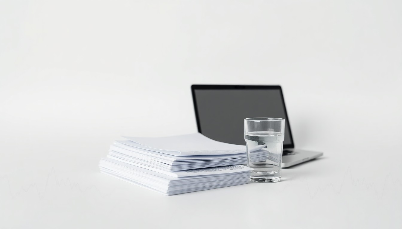 A minimalist, photorealistic studio still life featuring a stack of documents, a laptop, and a glass of water arranged on a clean, monochromatic background, conceptually representing corporate strategy and risk management.