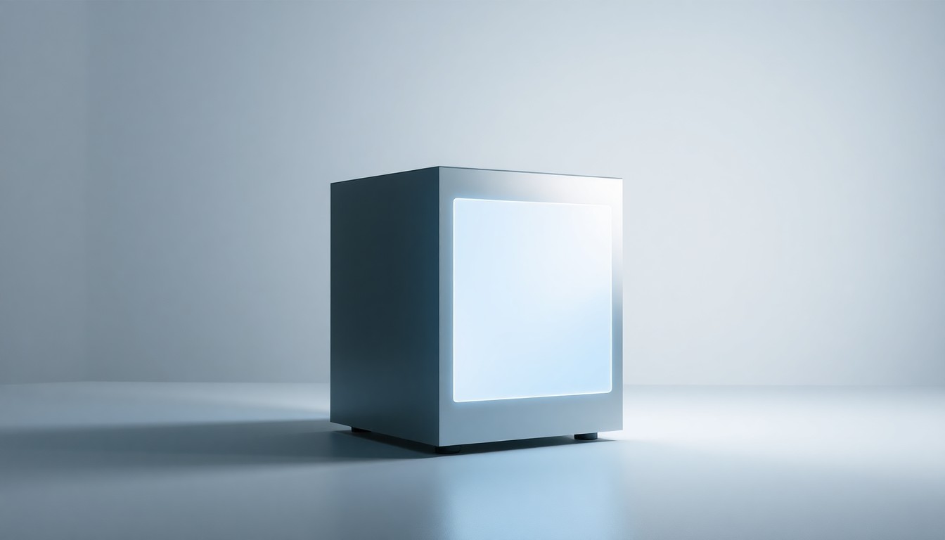 A minimalist, high-end studio still life photograph featuring a sleek, metallic cube with a glowing, translucent panel on one side, representing the advanced data-driven technology of the HayloARC platform. The cube is placed on a clean, monochromatic background with dramatic studio lighting and deep shadows, conveying a sense of precision, innovation, and corporate strategy.