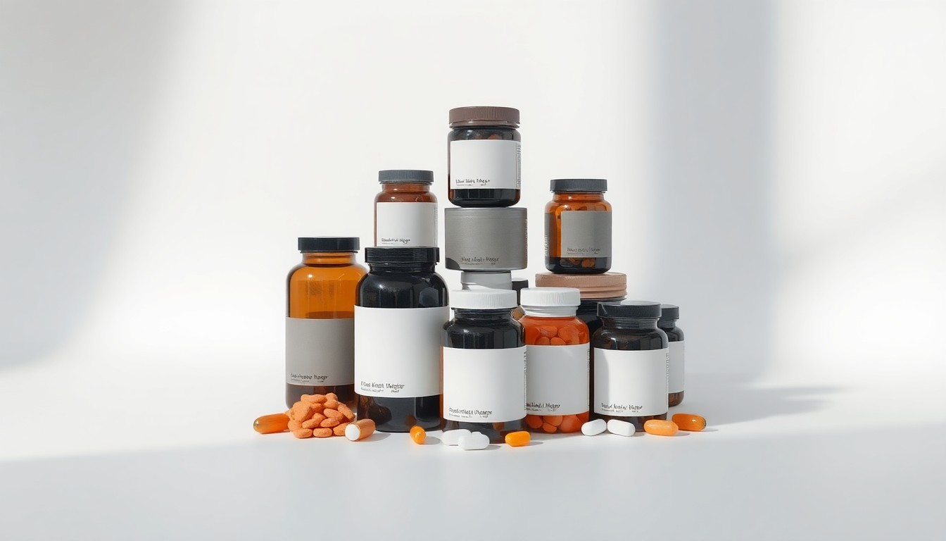 A high-end, photorealistic studio still-life photograph featuring a stack of premium nutritional supplement bottles and jars arranged elegantly on a clean, monochromatic seamless background, conceptually representing the financial performance and market strategy of the health and wellness company.