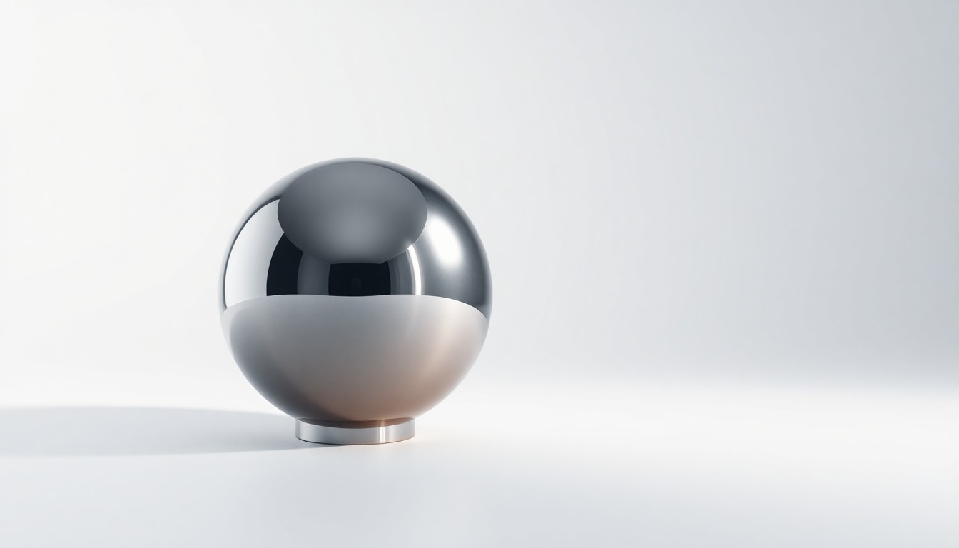 A highly polished, reflective metal sphere resting on a clean white background, using dramatic lighting and shadows to symbolize the abstract concepts of corporate strategy and market uncertainty in the nuclear technology industry.