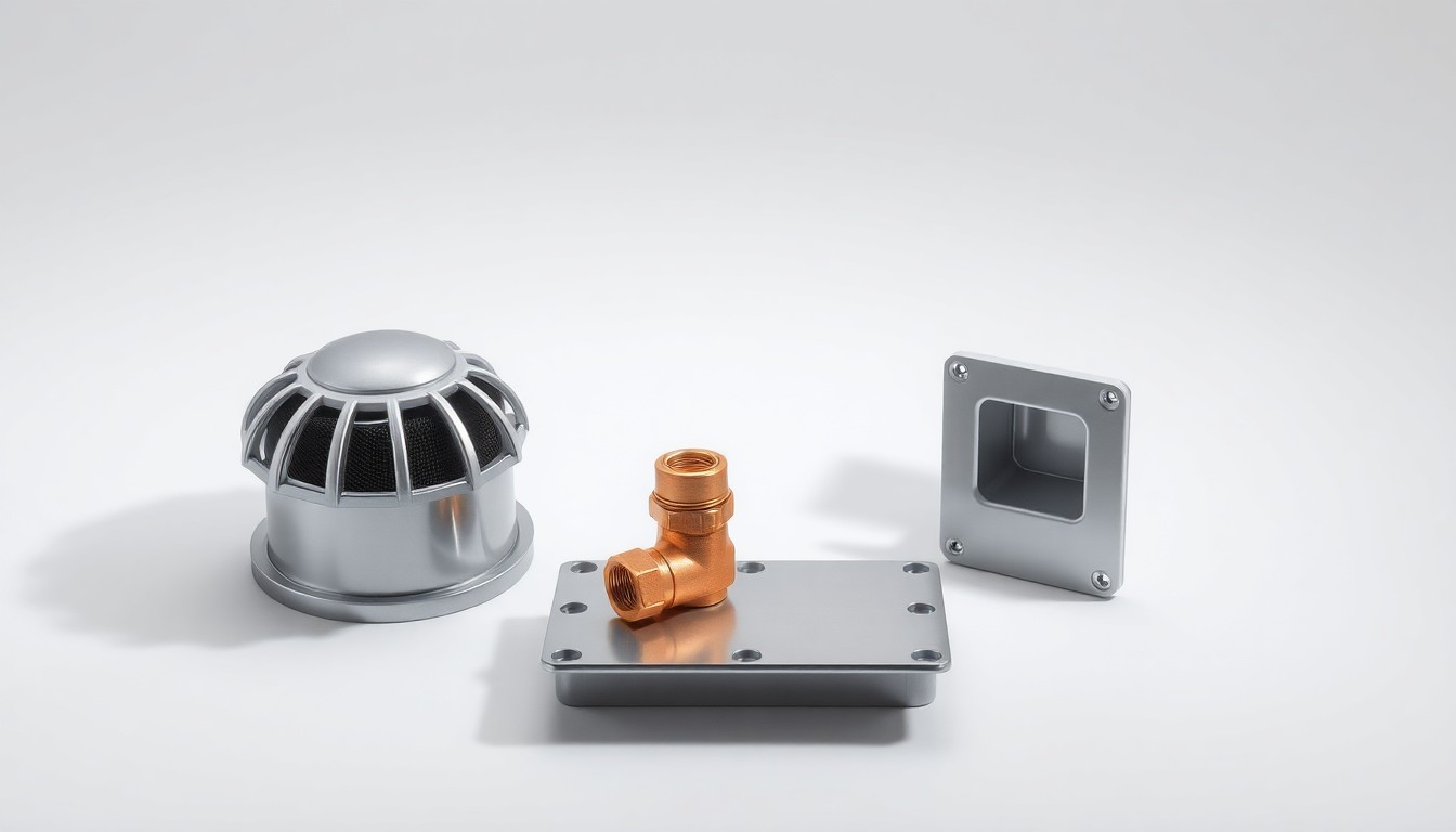 A high-end studio still life photograph featuring polished metal, copper, and electrical components arranged elegantly on a clean white background, conceptually representing Michelli's integrated building systems services.
