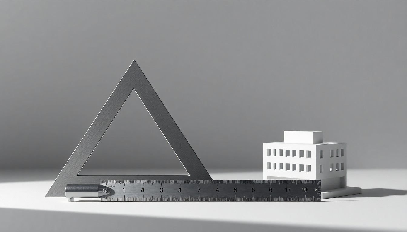 A high-end, photorealistic studio still-life photograph featuring a clean, monochromatic background with a carefully arranged composition of premium, geometric objects representing the key elements of architectural design and construction, conveying the abstract concepts of urban planning, building codes, and construction management.