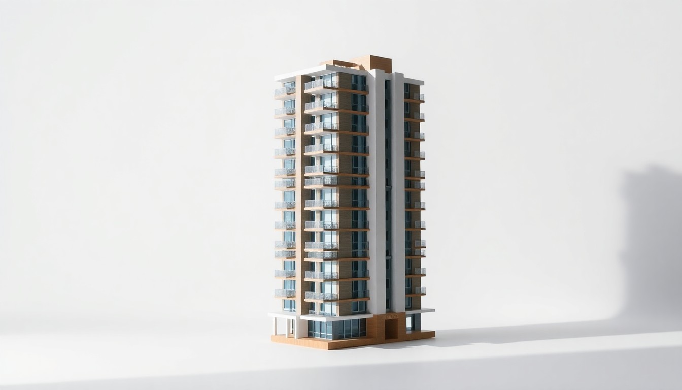 A minimalist studio photograph of a scale model of a modern high-rise apartment building, constructed from premium materials and dramatically lit to emphasize the clean lines and geometric shapes, representing the new affordable housing tower project in downtown Oakland.