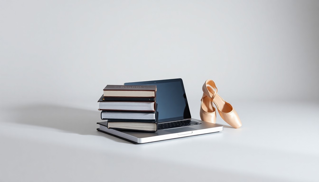 A photorealistic studio still life featuring a stack of business books, a laptop, and a pair of ballet slippers, symbolizing the balance between Angeline Bonin's analytical and creative pursuits.