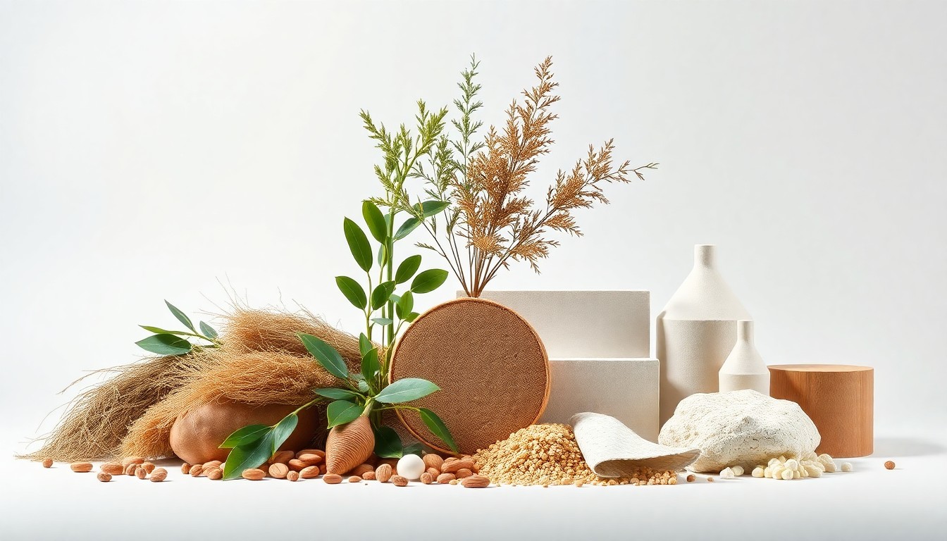 A photorealistic studio still life featuring a collection of premium, polished raw materials and geometric shapes arranged in a clean, minimalist composition, conceptually representing the diversification of Oceanside's agricultural sector and the city's embrace of the legal cannabis industry as a new economic driver.