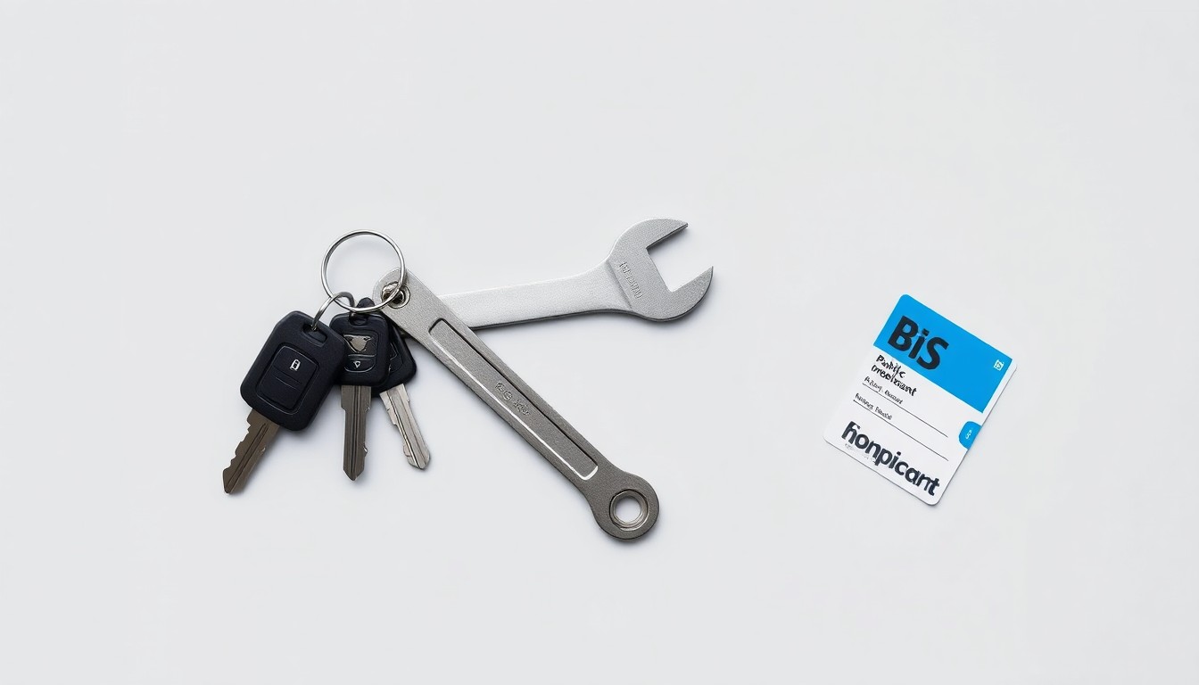 A minimalist studio still life photograph featuring a set of car keys, a wrench, and a bus pass arranged elegantly on a clean, grey background, symbolizing the essential tools and symbols of public transportation employment.