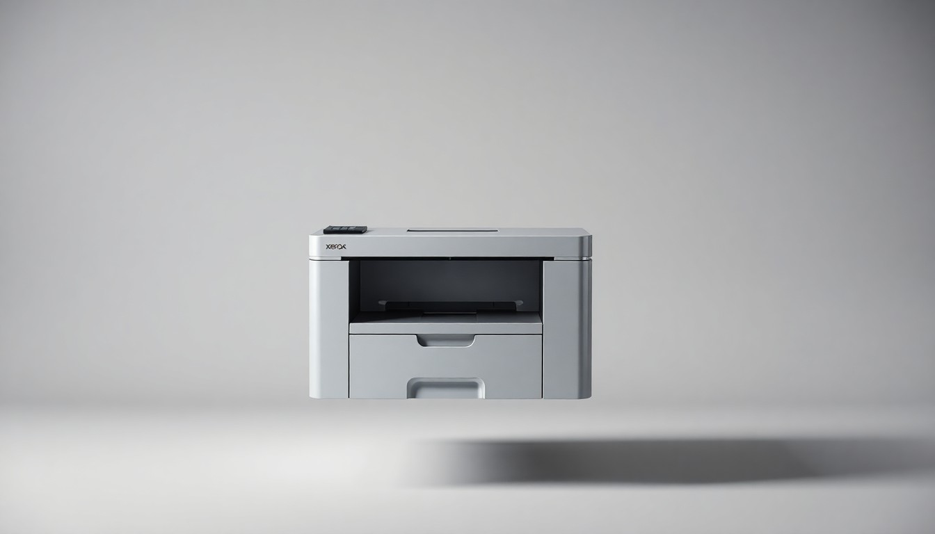 A photorealistic studio still-life image of a modern, minimalist office printer made of polished metal and glass, floating on a clean, monochromatic background and illuminated by dramatic studio lighting, symbolizing Xerox's technology and innovation.