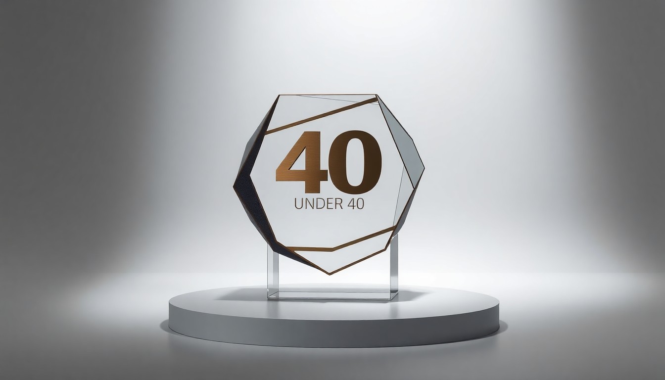 A highly stylized, photorealistic studio still life featuring a sleek, geometric trophy or award object made of premium materials like brushed metal, glass, and leather, floating against a clean, monochromatic background with dramatic lighting and deep shadows to symbolize the prestige of this honor.