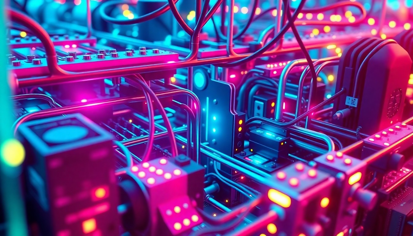 A highly detailed, glowing 3D macro illustration of a complex AI neural network infrastructure, with neon cyan and magenta lights illuminating the intricate hardware components, conceptually representing the technological challenges facing consumer-focused AI tools.