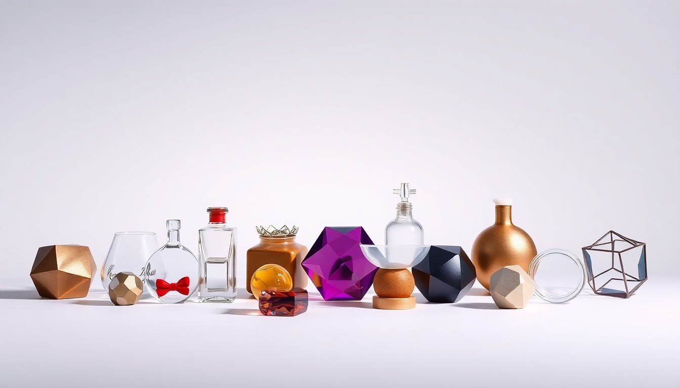 A high-end, photorealistic studio still-life photograph featuring a collection of polished, geometric objects in earthy tones, representing the diverse local businesses and community groups participating in the West Branch expo. The objects are arranged elegantly on a clean, monochromatic seamless background using dramatic studio lighting and shadows to symbolize the connections and opportunities the event provides.