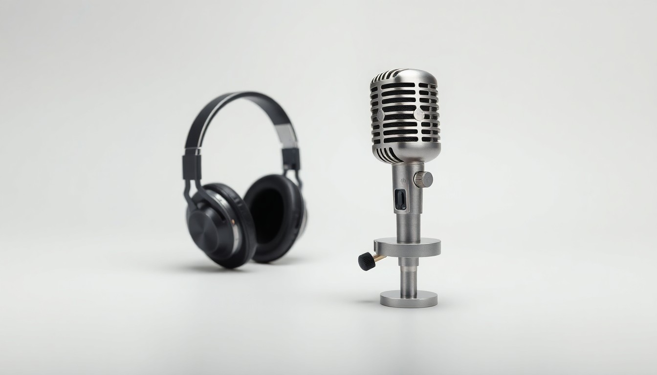 A high-end, photorealistic studio still-life photograph featuring a sleek, modern microphone and a pair of studio headphones arranged elegantly on a clean, monochromatic seamless background, conceptually representing the refined, professional world of radio programming and content creation.
