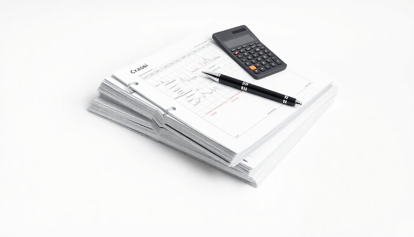 A minimalist studio still life photograph featuring a stack of accounting ledgers, a pen, and a calculator arranged elegantly on a clean white background, conceptually representing the core business of the expanding accounting firm Grassi.