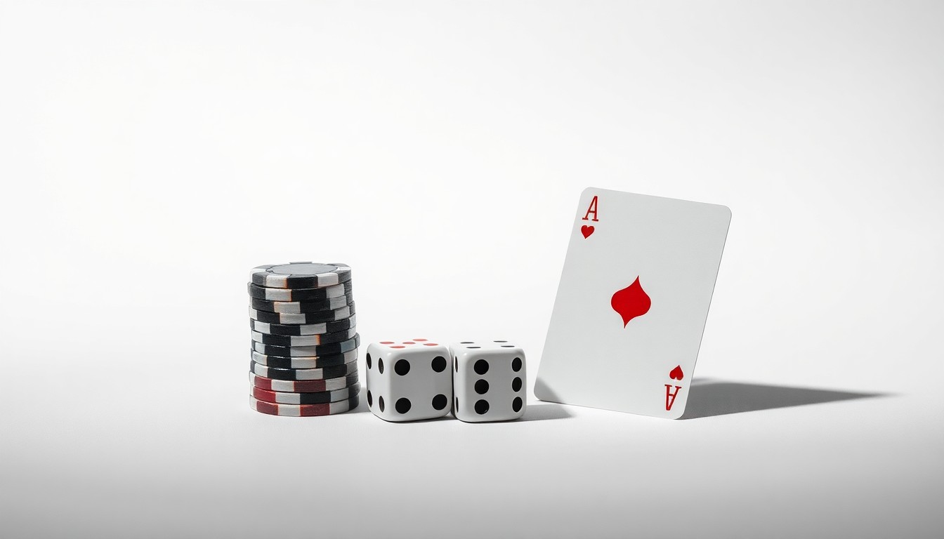 A high-end, photorealistic studio still-life photograph featuring a stack of casino chips, a pair of dice, and a single playing card arranged elegantly on a clean, monochromatic background, representing the abstract concepts of risk, strategy, and community impact associated with the proposed casino development.