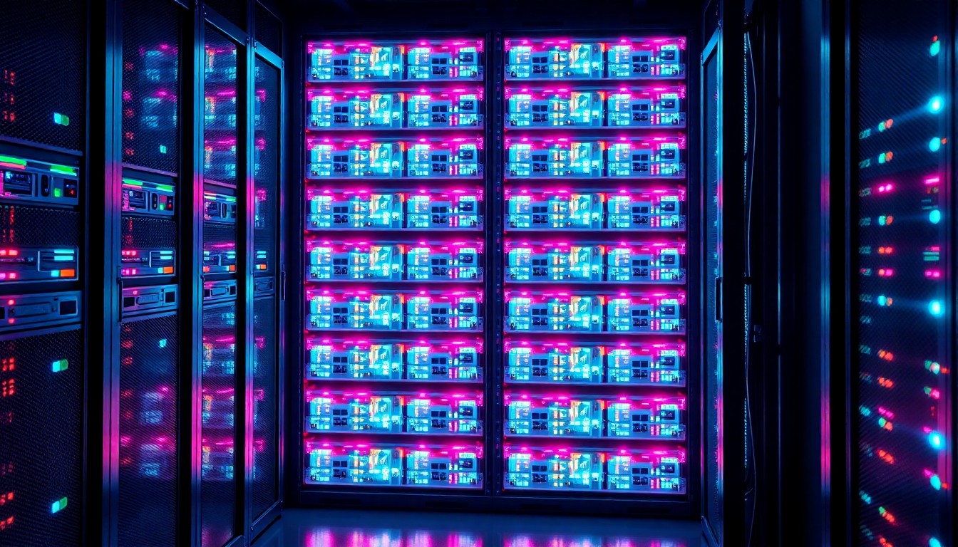 A detailed 3D illustration of a large, glowing data center server rack filled with illuminated storage drives, representing the scale and complexity of the 80PB high-density archive deployment.