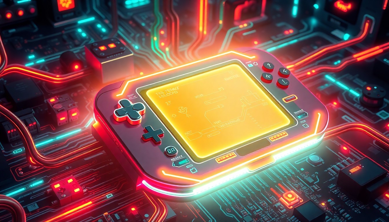 A highly detailed, glowing 3D illustration of a futuristic game console or handheld device, surrounded by a swirling array of neon-lit circuit boards, cables, and other cybernetic elements, conceptually representing the integration of classic Bethesda games with modern portable gaming technology.