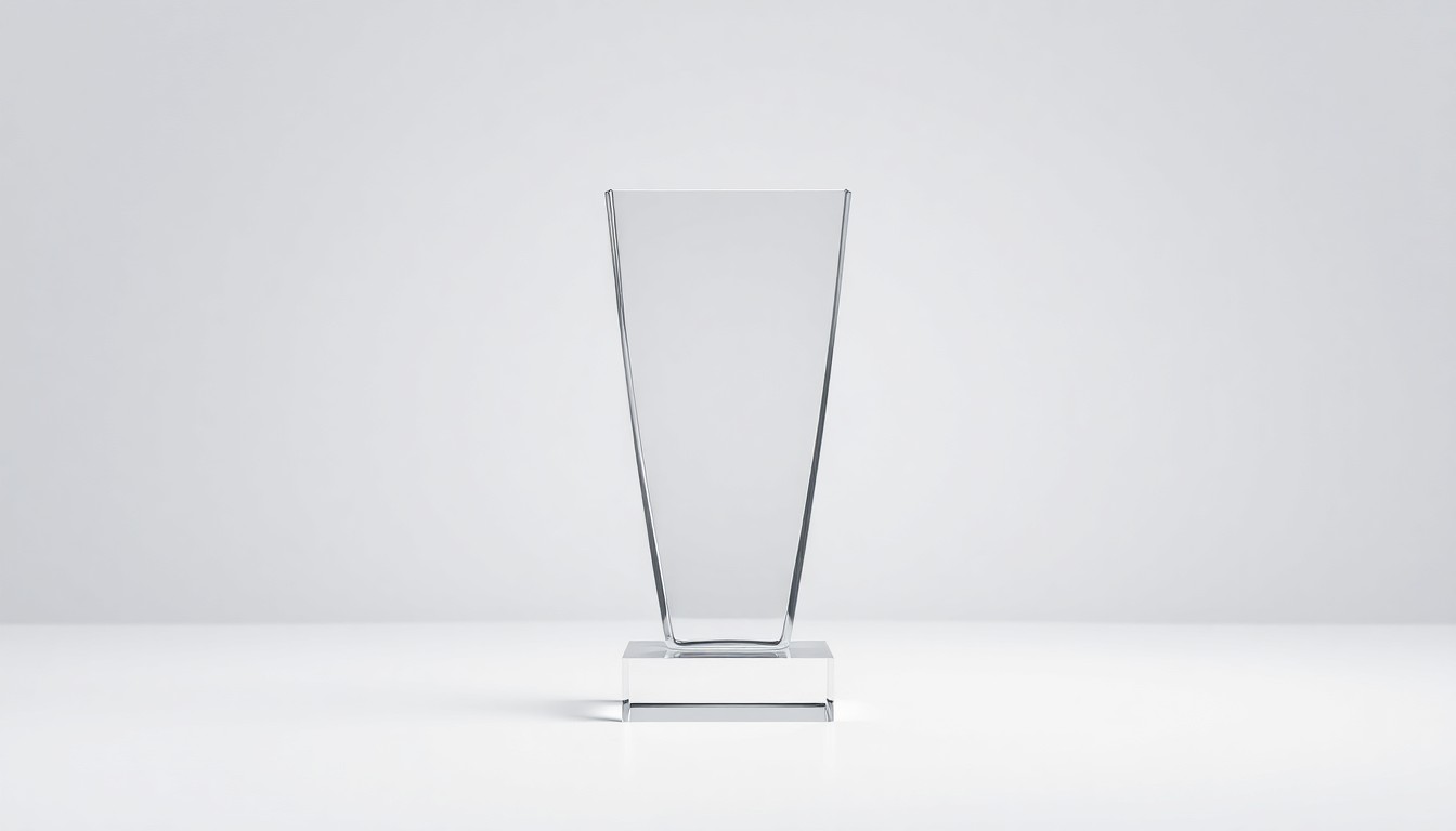 A photorealistic studio still life featuring a polished glass trophy or award on a clean, monochromatic background, symbolizing the accomplishments and recognition of the young event professionals honored in the 2026 BizBash 40 Under 40 list.