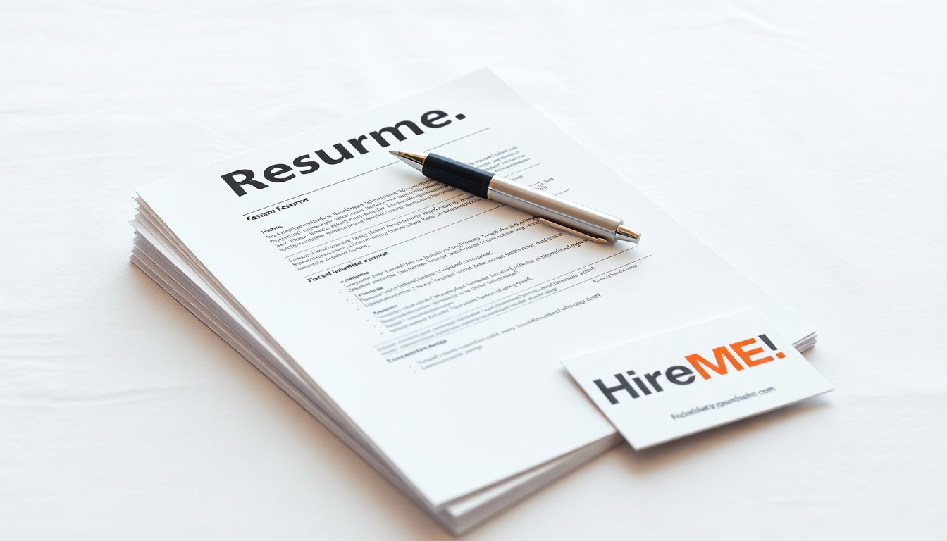 A photorealistic studio still life featuring a stack of resumes, a pen, and a business card arranged elegantly on a clean white background, symbolizing the career connections and opportunities available at the HireME! event.